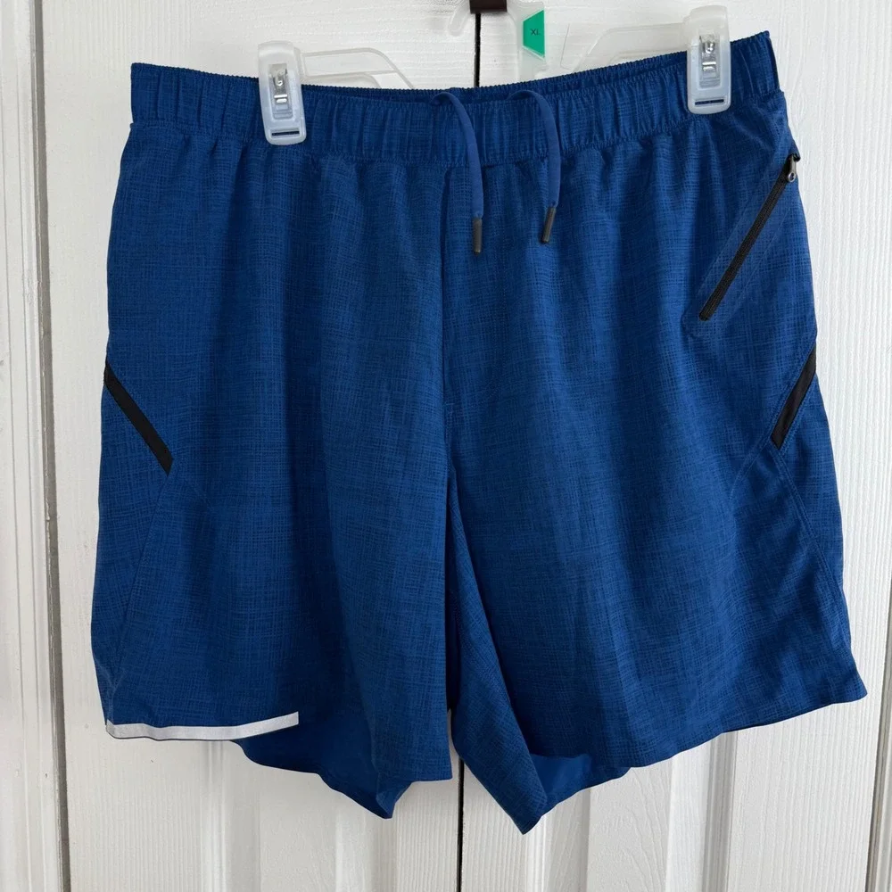 Lululemon Surge Lined Shorts 7 Mens XL Blue Crosshatch Running Athletic Workout